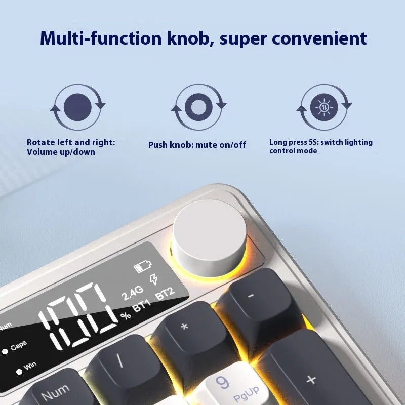 Blue and white wireless keyboard and mouse set on a desk, showing ball cap keycaps and compact design.