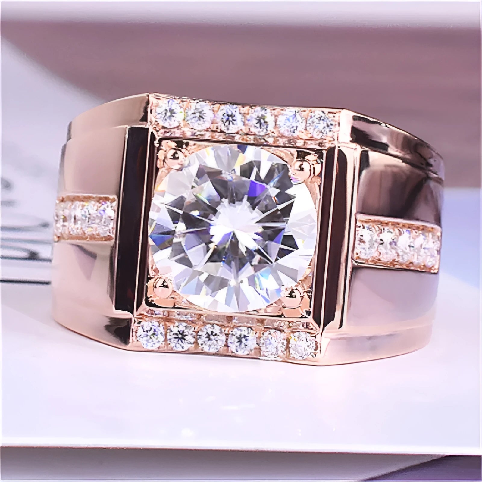 Men's adjustable imitation moissanite ring in rose gold colour with geometric diamond design
