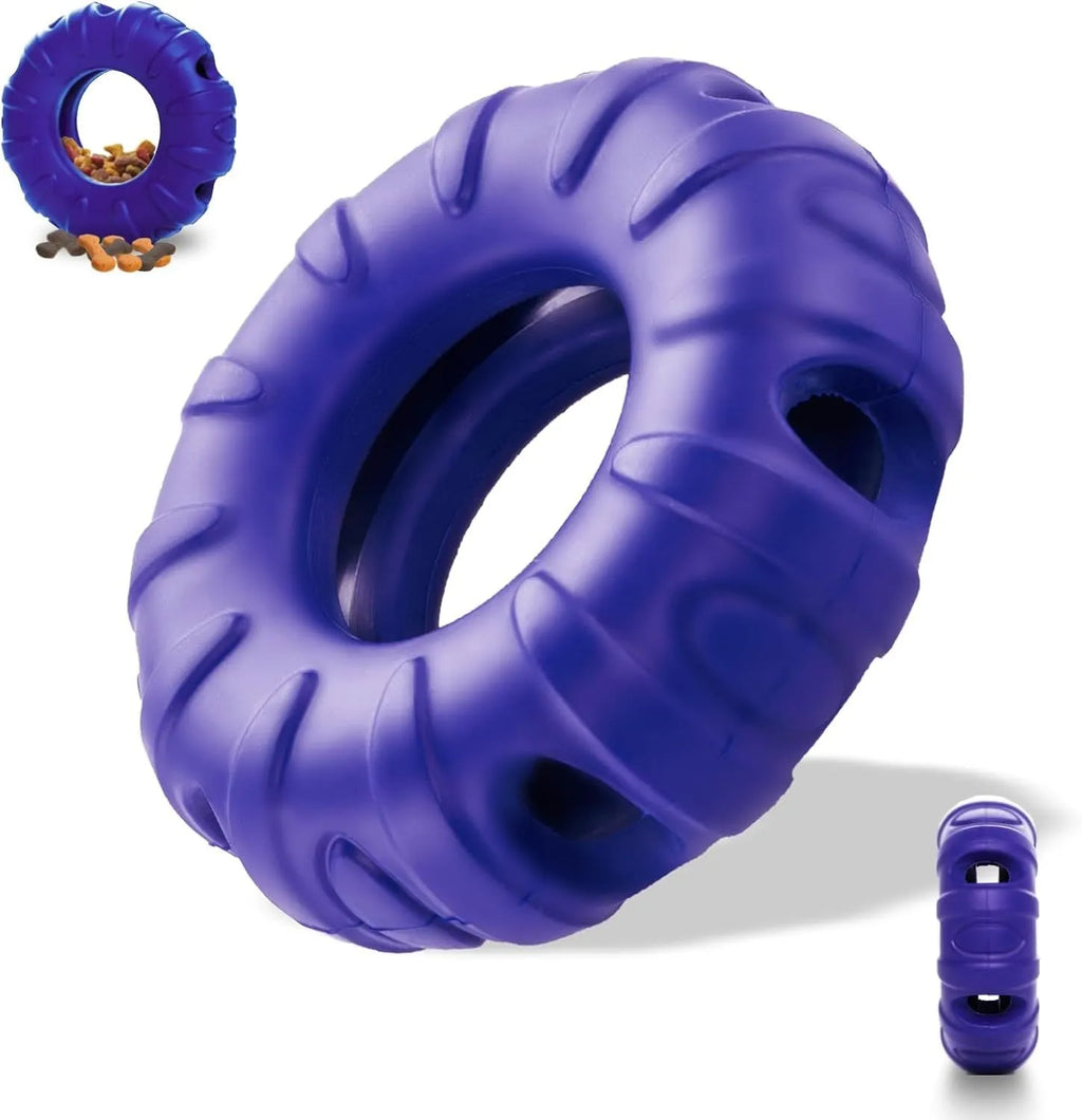 Blue natural rubber tyre-shaped dog chew toy and slow feeder with six oval openings.
