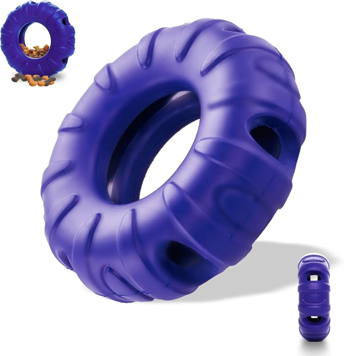 Blue natural rubber tyre-shaped dog chew toy and slow feeder with six oval openings.