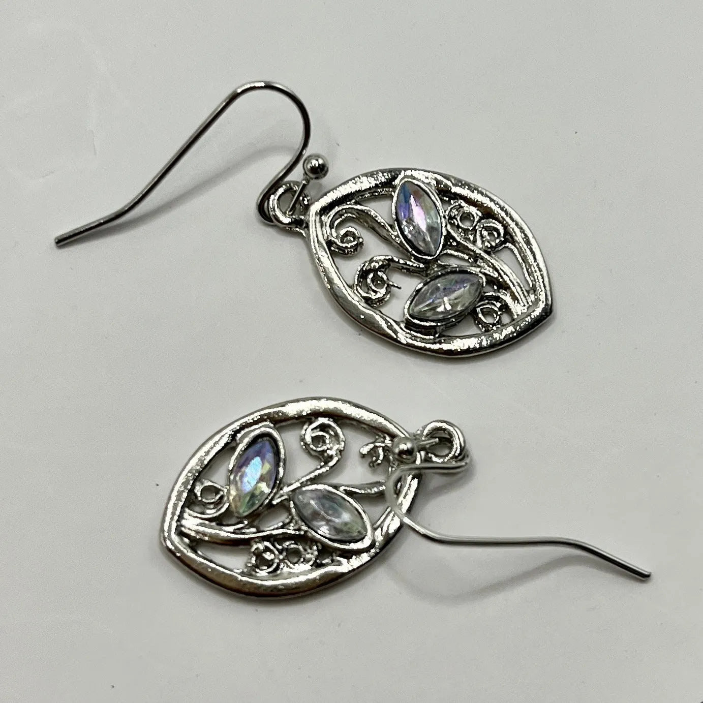 Silver alloy leaf-shaped earrings with embedded colourful moonstones for women
