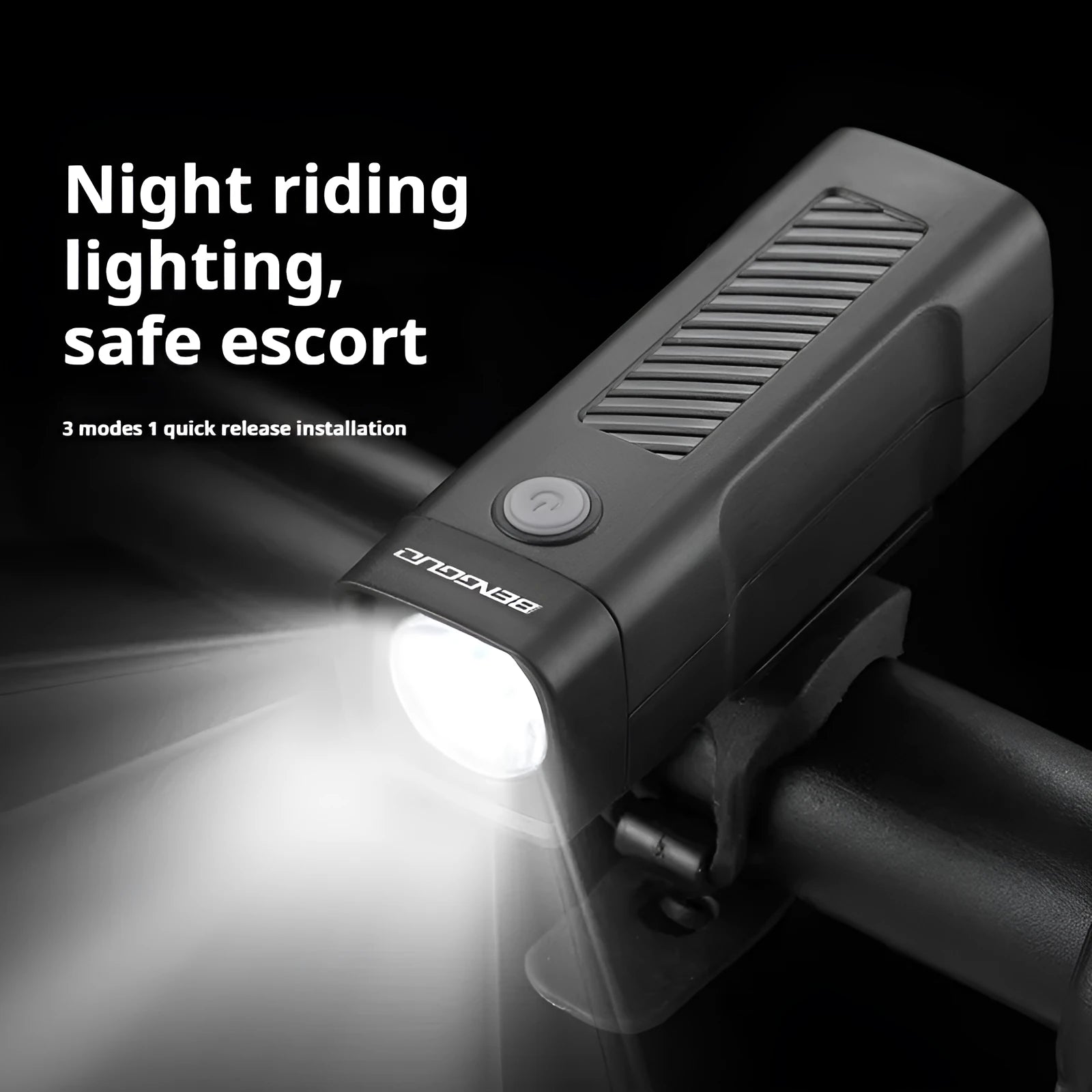 USB rechargeable bicycle headlight mounted on handlebars with quick release strap bracket