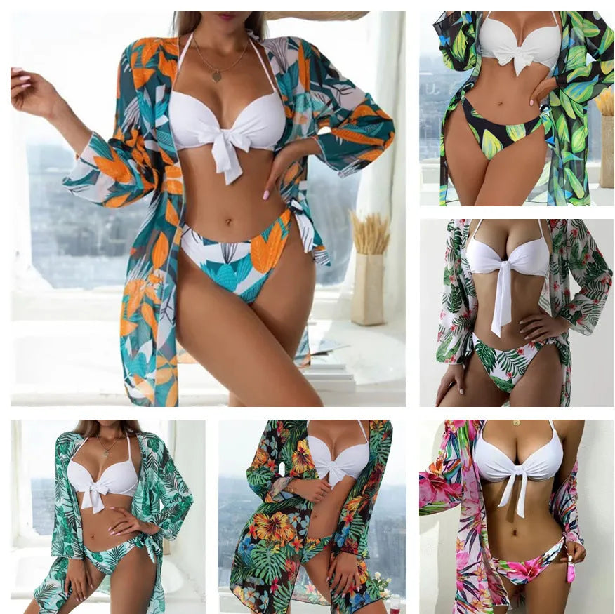 Women's three-piece mesh split swimsuit set with cropped jacket in various colour options