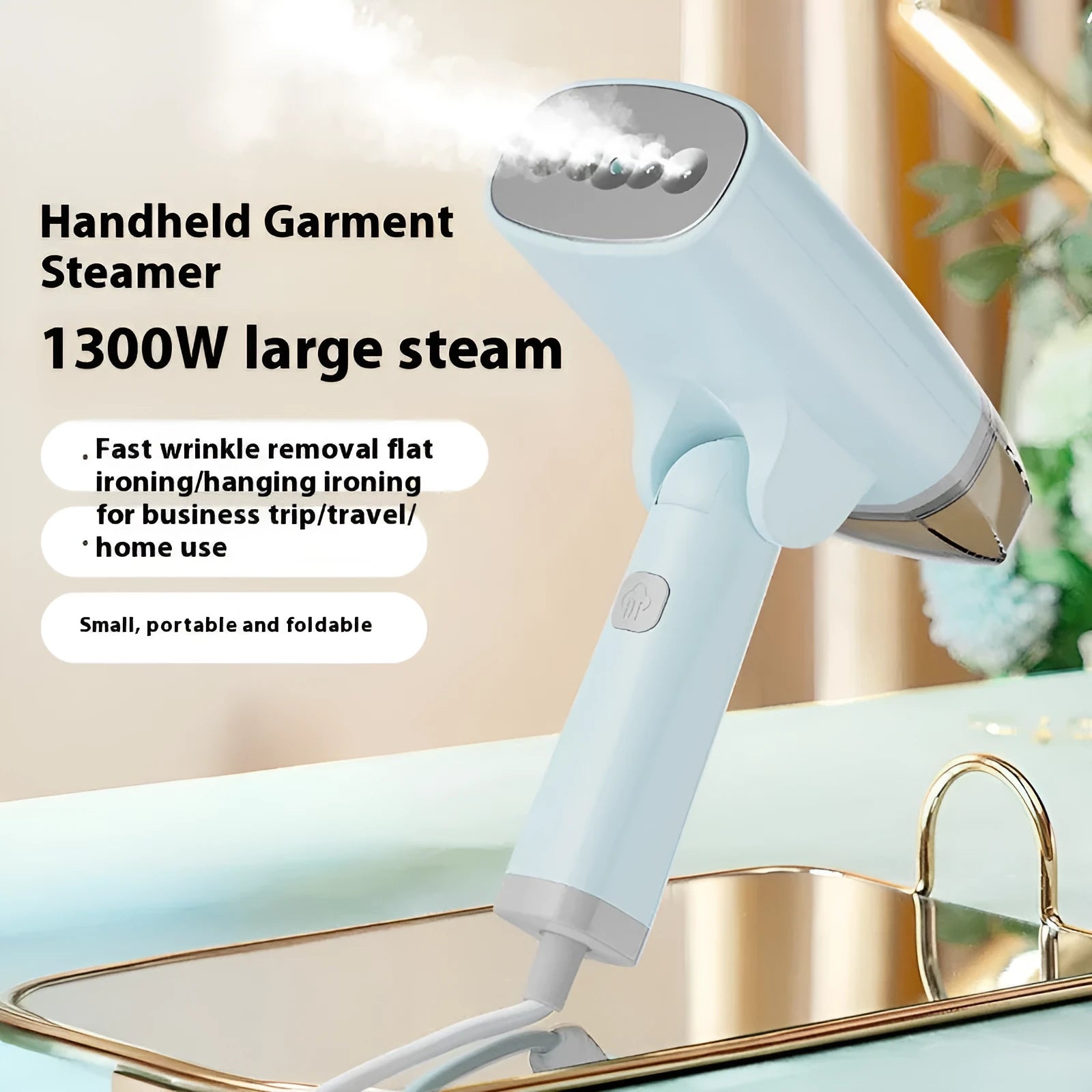 Blue handheld garment steamer with mechanical controls and water tank