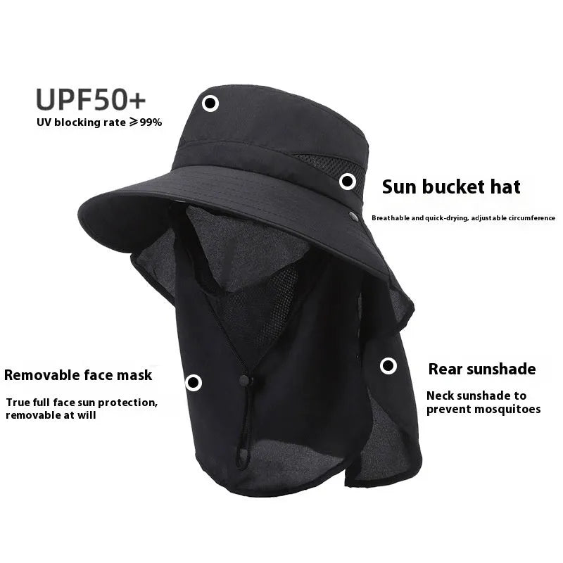 Men's big brim adjustable fisherman sun hat in polyester fabric on a neutral background