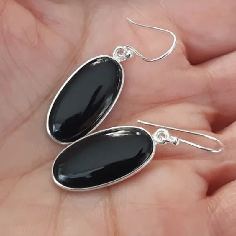 Black electroplated 925 silver women's earrings with oval agate pendant in geometric Chinese style