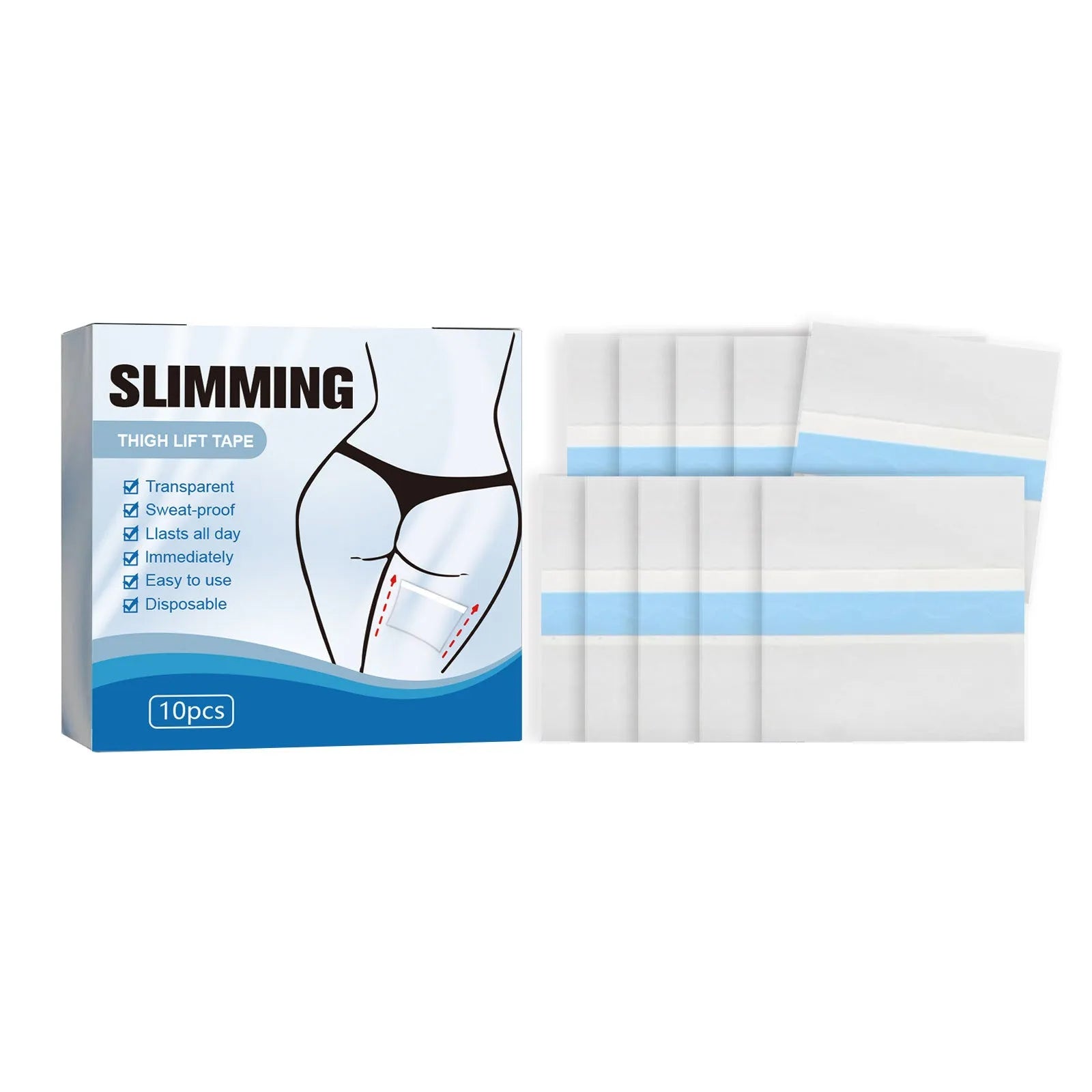 Box of 10 white body shaping adhesive patches on skin, each measuring 12 by 12 centimetres.