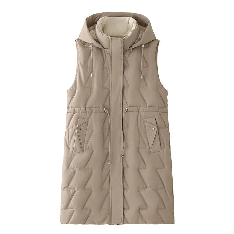 Women's loose fit cotton down vest in solid colour with polyester padding on a white background