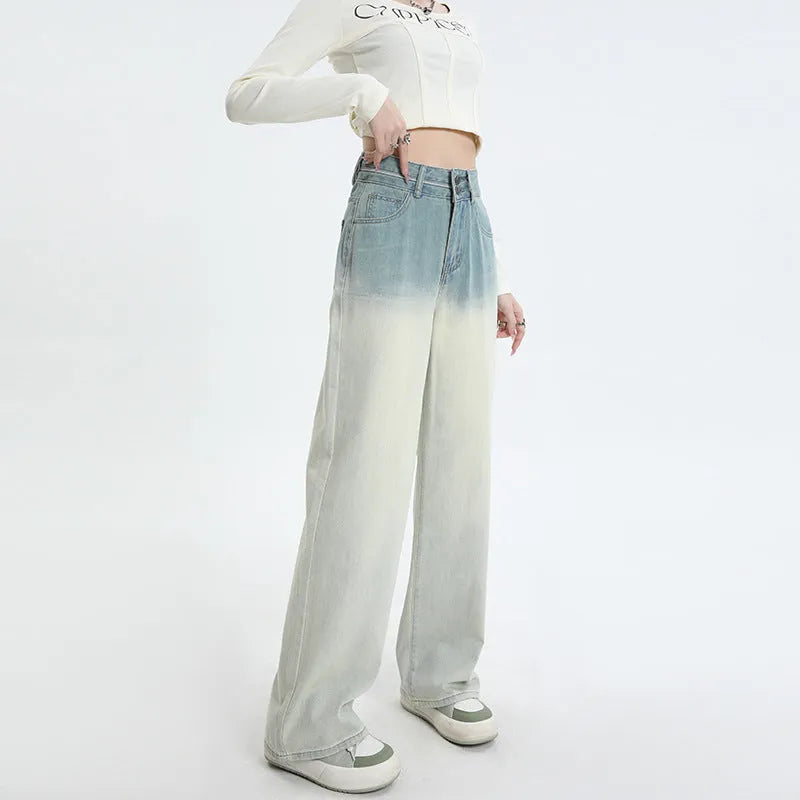Gradient blue denim straight-leg pants with wide leg style for women