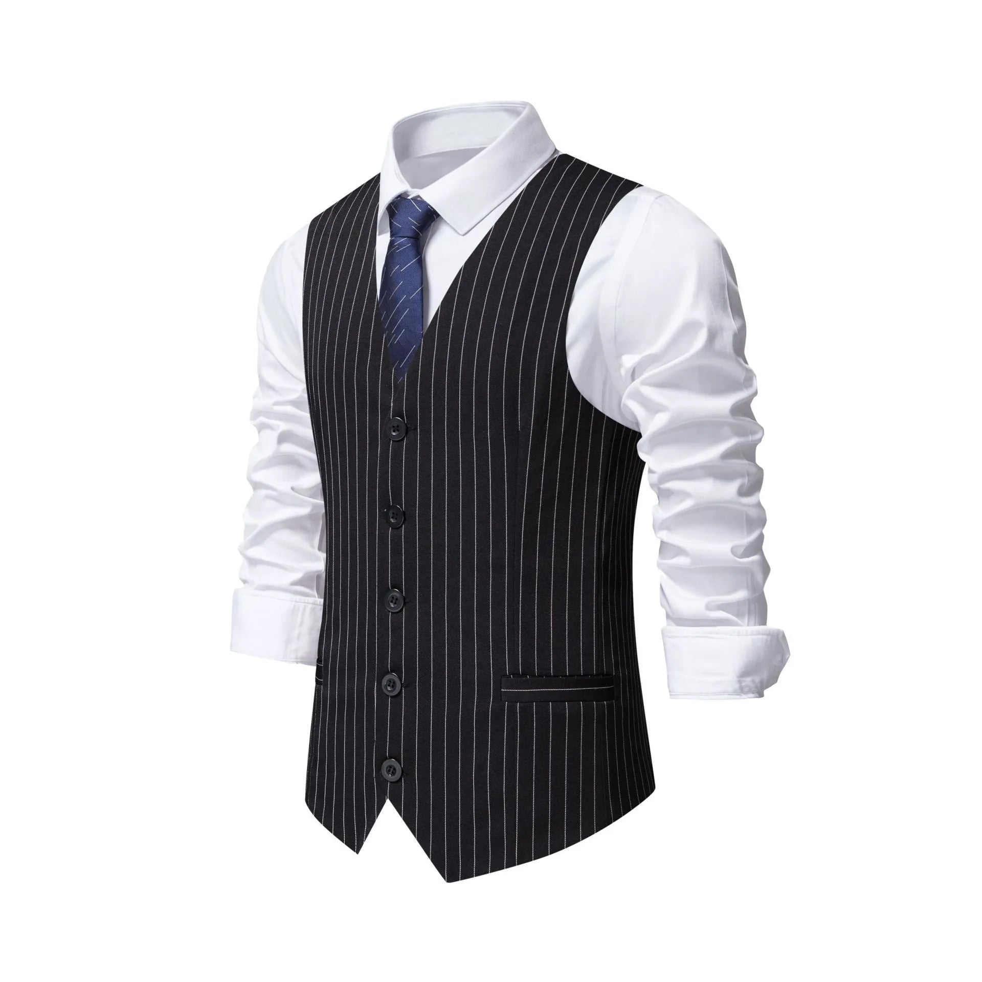 Man wearing a striped suit vest in a formal setting, showing the mitered bottom hem and pocket detail.