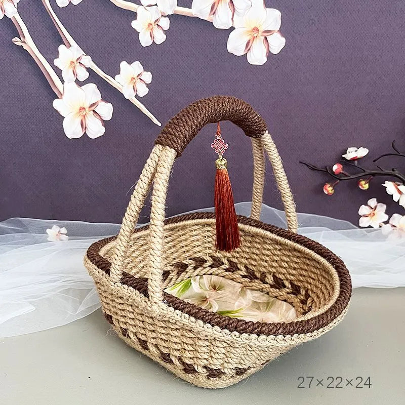 Hand-woven straw basket with hemp rope finish in coffee brown colour