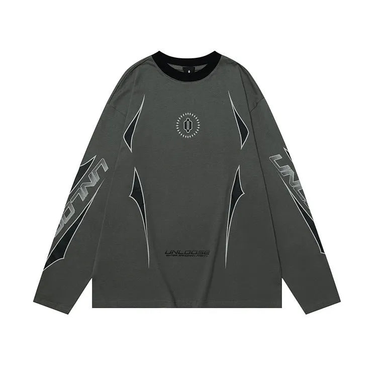 Grey khaki women's cotton pullover sweater with loose fit, drop shoulders, long sleeves, and a letter pattern.