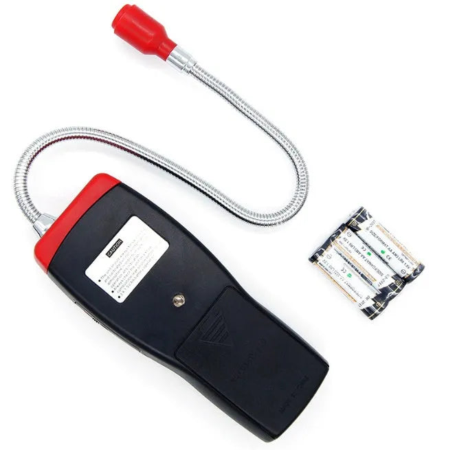 AS8800L portable flammable gas detector with LED alarm light, shown with three AA batteries.