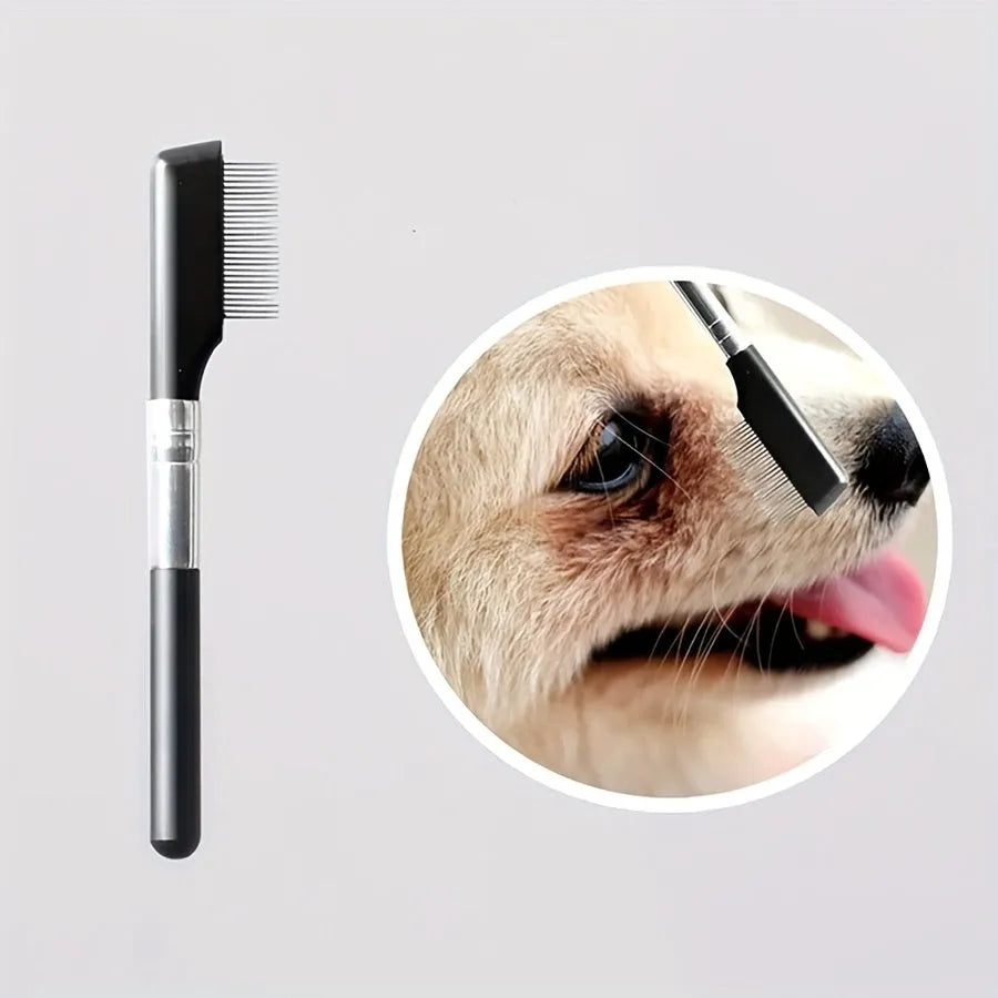 Black ambidextrous pet grooming brush with soft bristles and a separate comb attachment for dogs and cats.