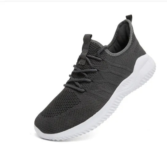 Men's black and white breathable mesh sport shoes with lace-up closure and round toe design