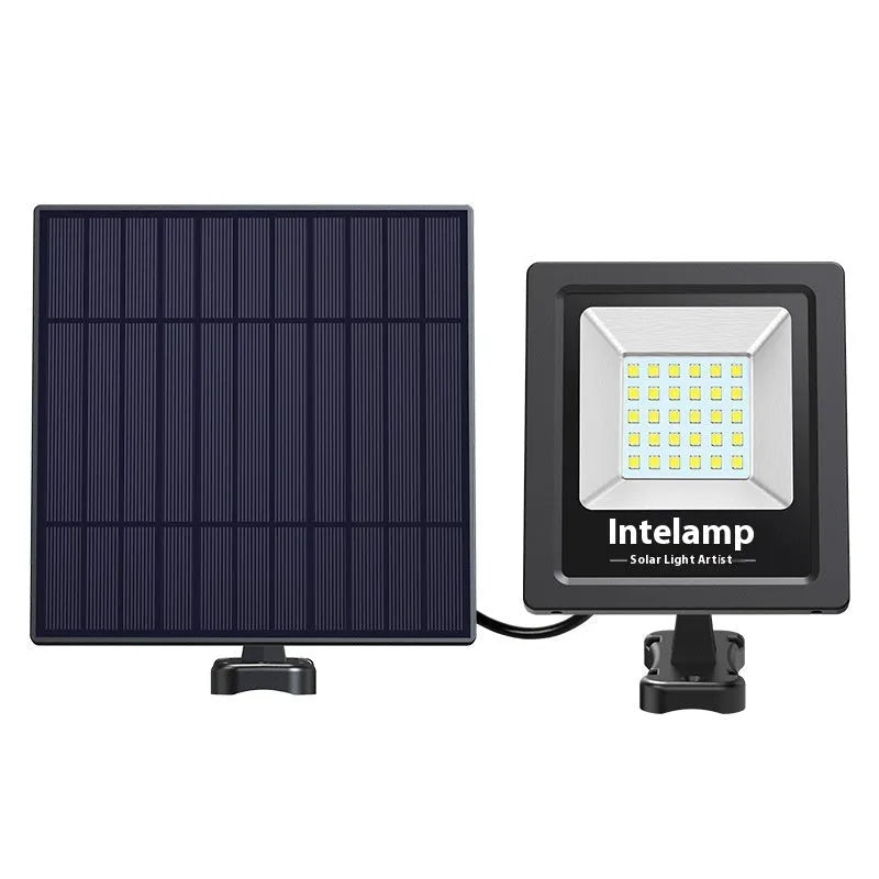 Outdoor waterproof solar LED garden light with IP65 rating shown in a courtyard setting.