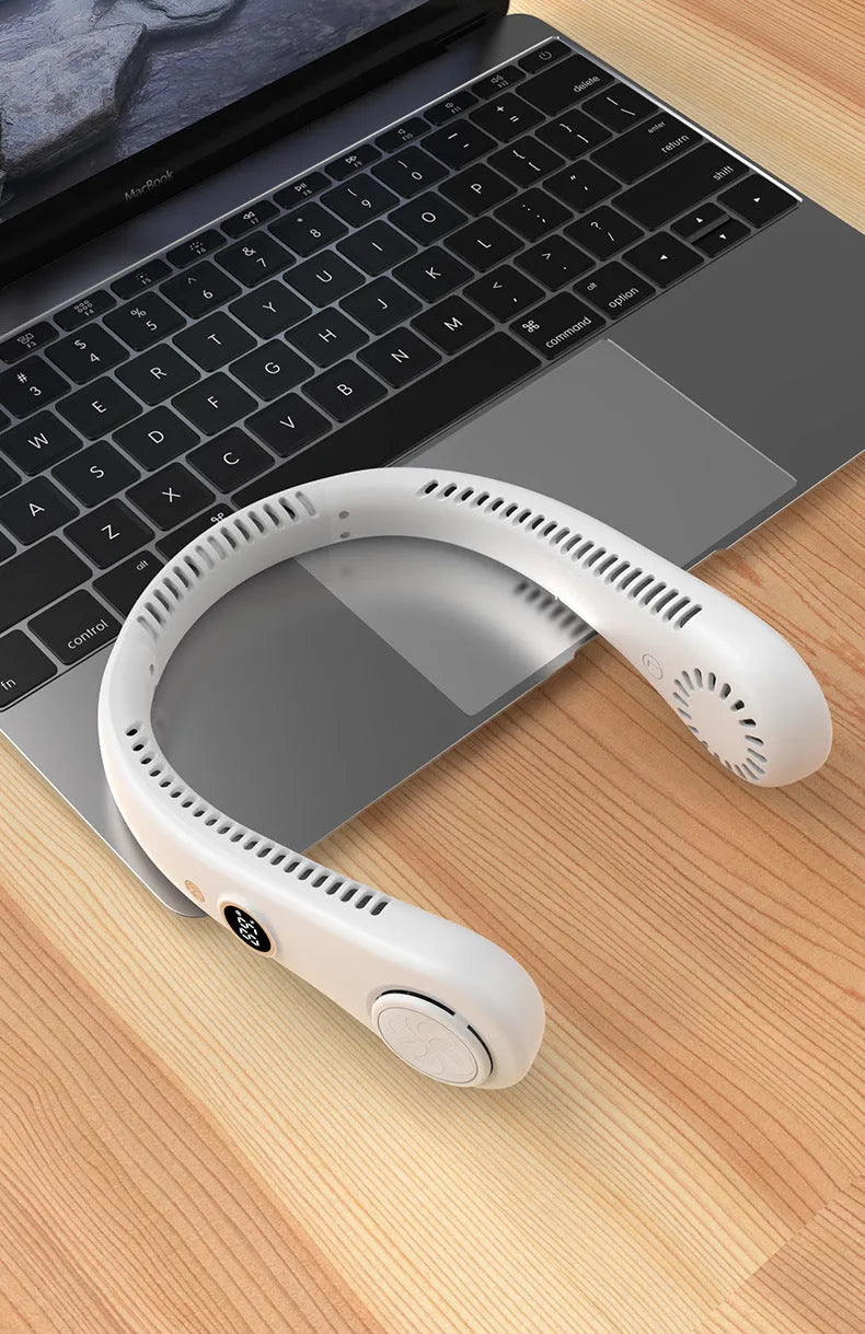 Blue USB charging portable bladeless neck fan with adjustable speeds and flexible neckband