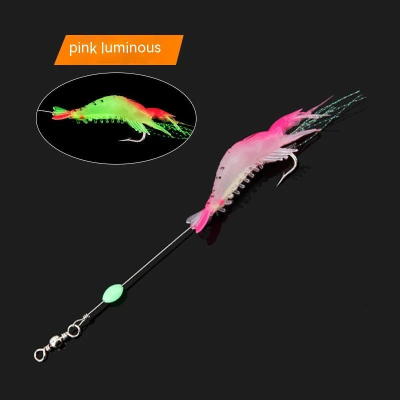 Pack of six Luer soft fishing lures with hooks in different colour combinations including luminous pink and yellow.