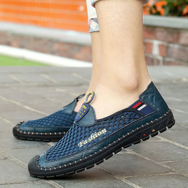 Men's brown casual mesh shoes with round toe and rubber sole