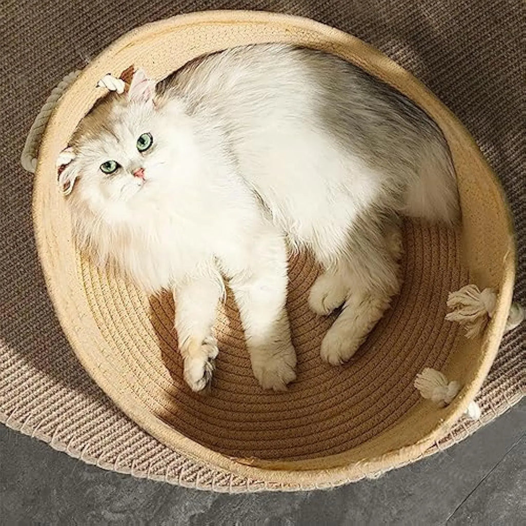 Wicker-style cat bed basket with corrugated scratching surface in two size options