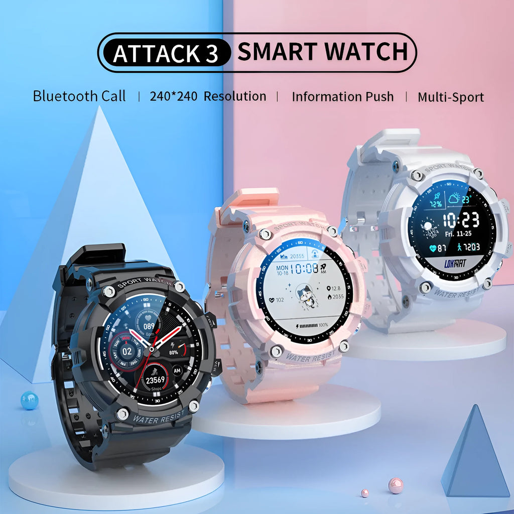 ATTACK 3 IP67 waterproof smartwatch with round colour screen and TPU strap in black, white, or pink