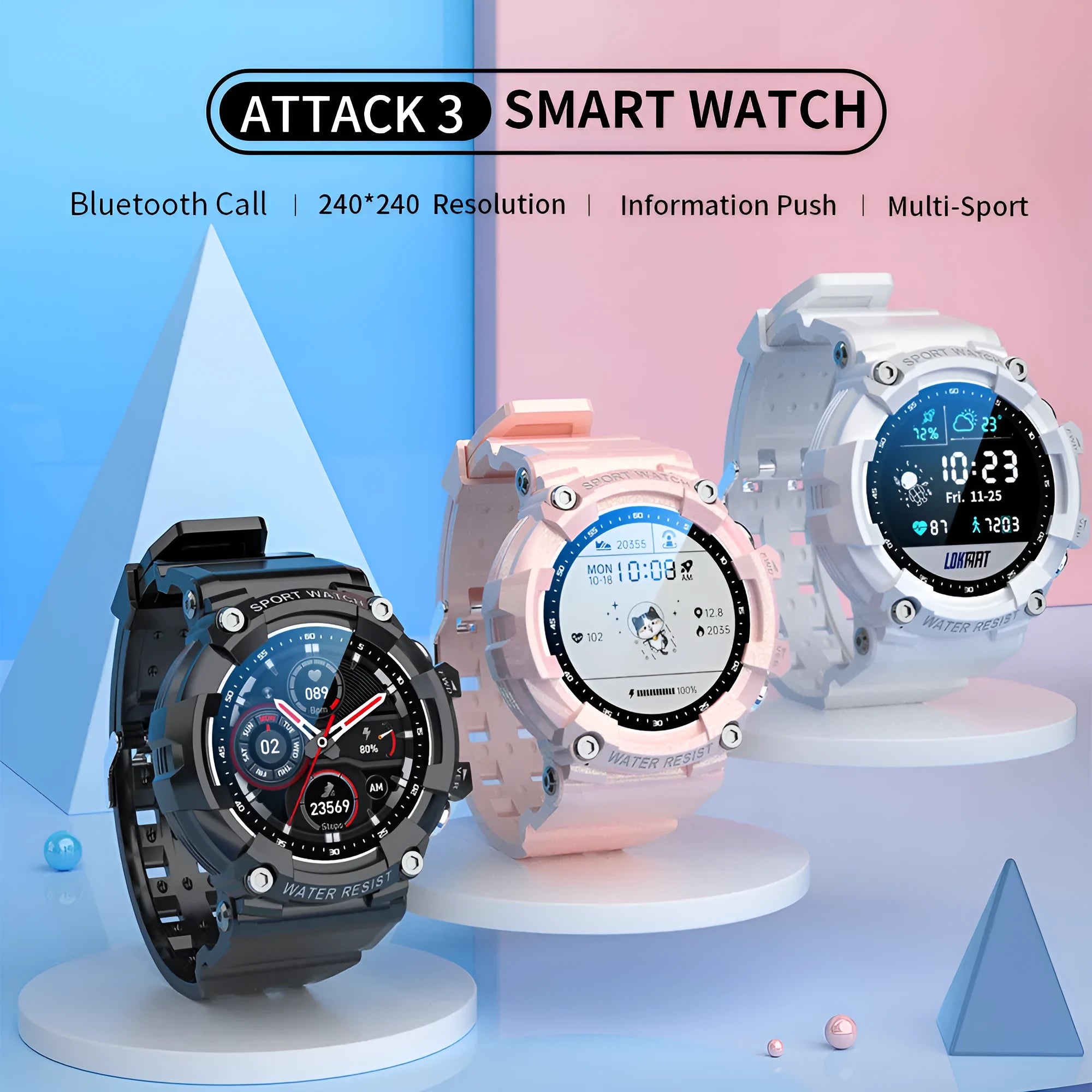 ATTACK 3 IP67 waterproof smartwatch with round colour screen and TPU strap in black, white, or pink