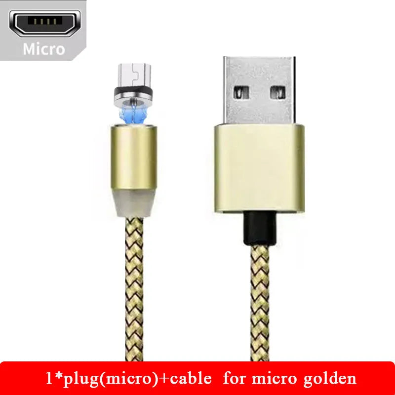 YBD magnetic LED charging cable with aluminium shell in black, showing three connector types and LED light