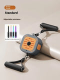 Adjustable power pump chest expander in vibrant orange or navy blue, showing ABS construction and handles.
