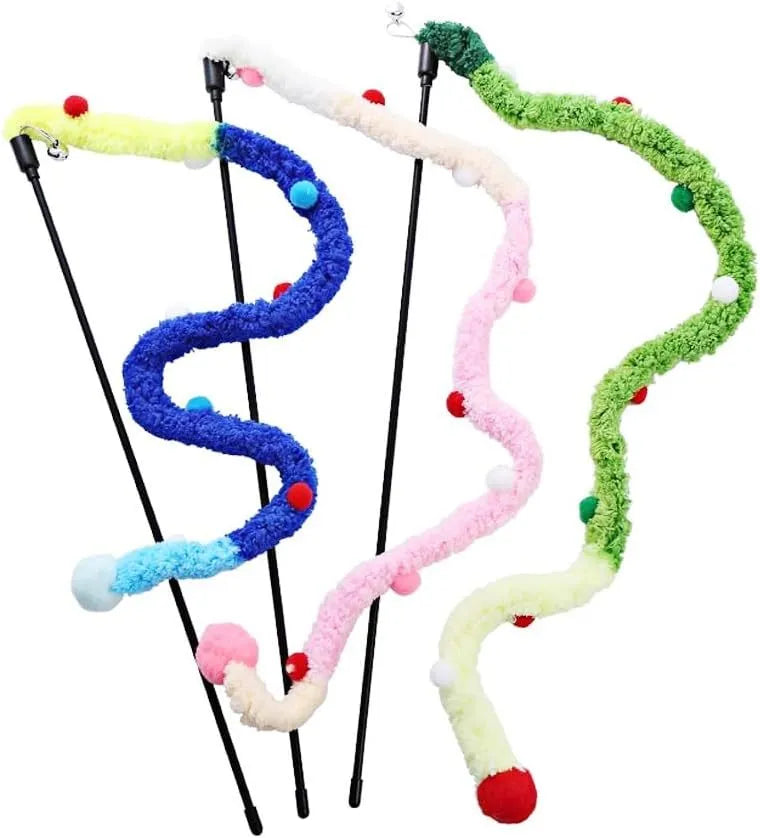 Blue cat wand toy with extended plush strip and colourful ball with bells for interactive feline play