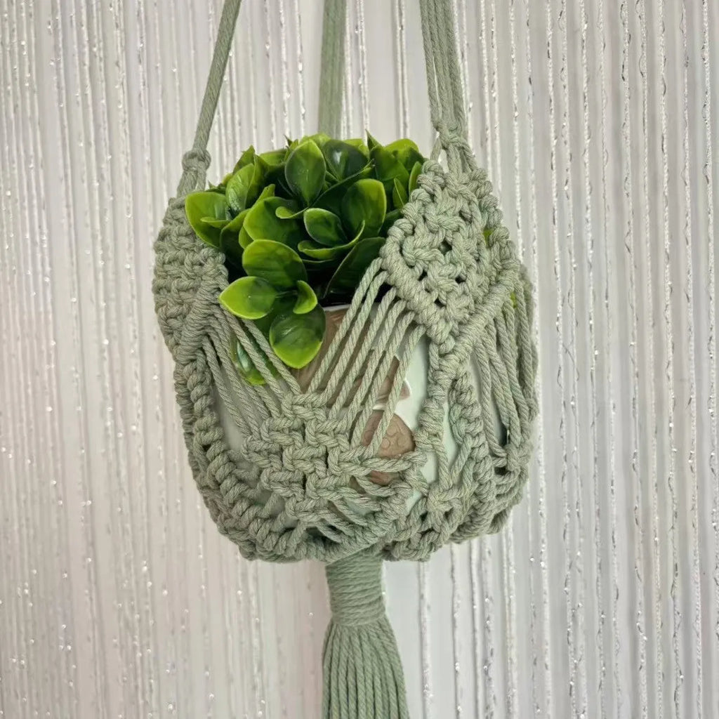 Hand-woven polyester cotton flower pot in minimalist net pocket design