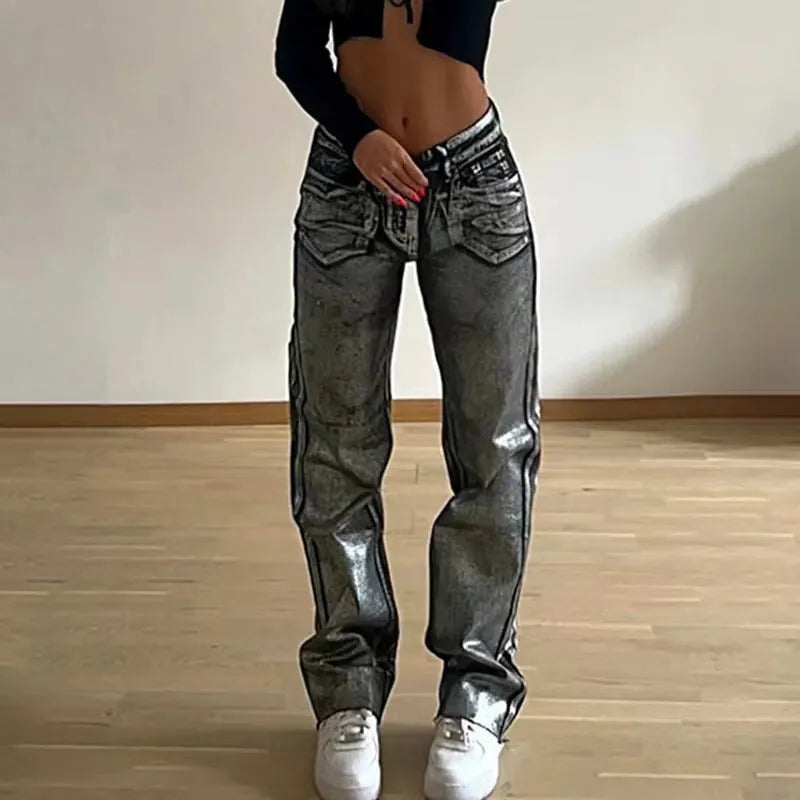 Blue high waist straight leg jeans with silver contrast stitching detail