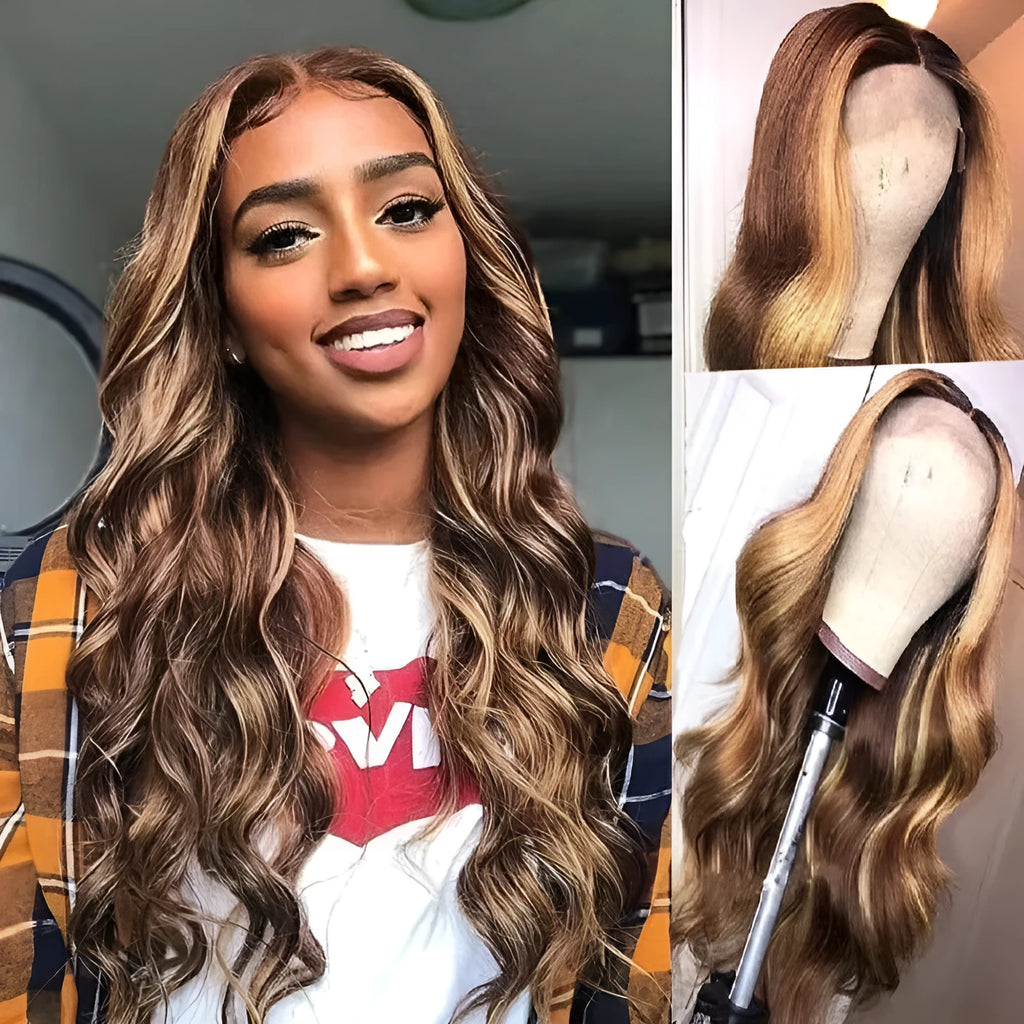 Long curly big wave front lace wig in black gradient colour on a stand, showing side bangs.