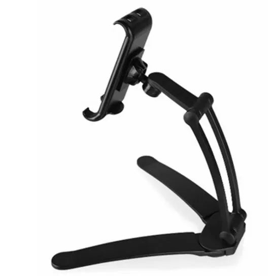 Silver aluminum alloy desktop stand holding a tablet, showing 360-degree adjustable arm and clamping mechanism.