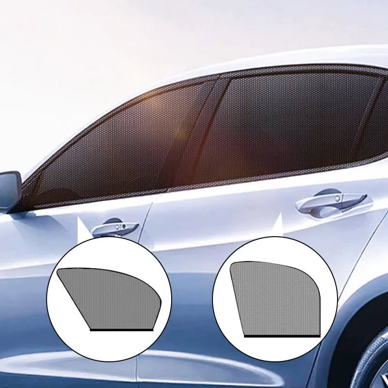 Car side window mesh sunshade with elastic fixation providing sun protection and mosquito prevention