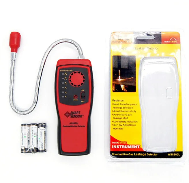 AS8800L portable flammable gas detector with LED alarm light, shown with three AA batteries.