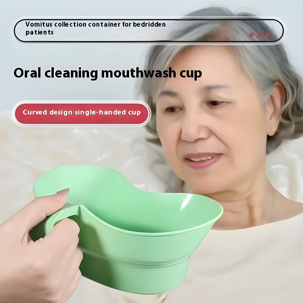 Green plastic gargle cup with spout for bedridden patient oral care