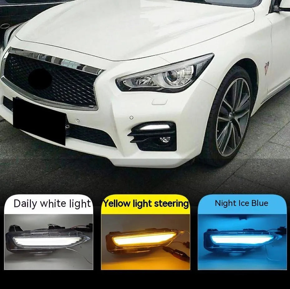 Infiniti Q50 Q70 front bumper LED daytime running light and fog lamp assembly in ABS housing