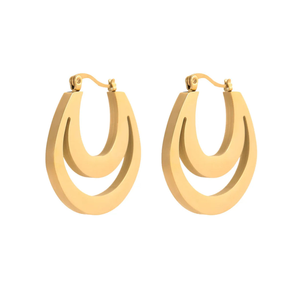 Geometric French earrings with 18K gold plating on stainless steel featuring round ring elements