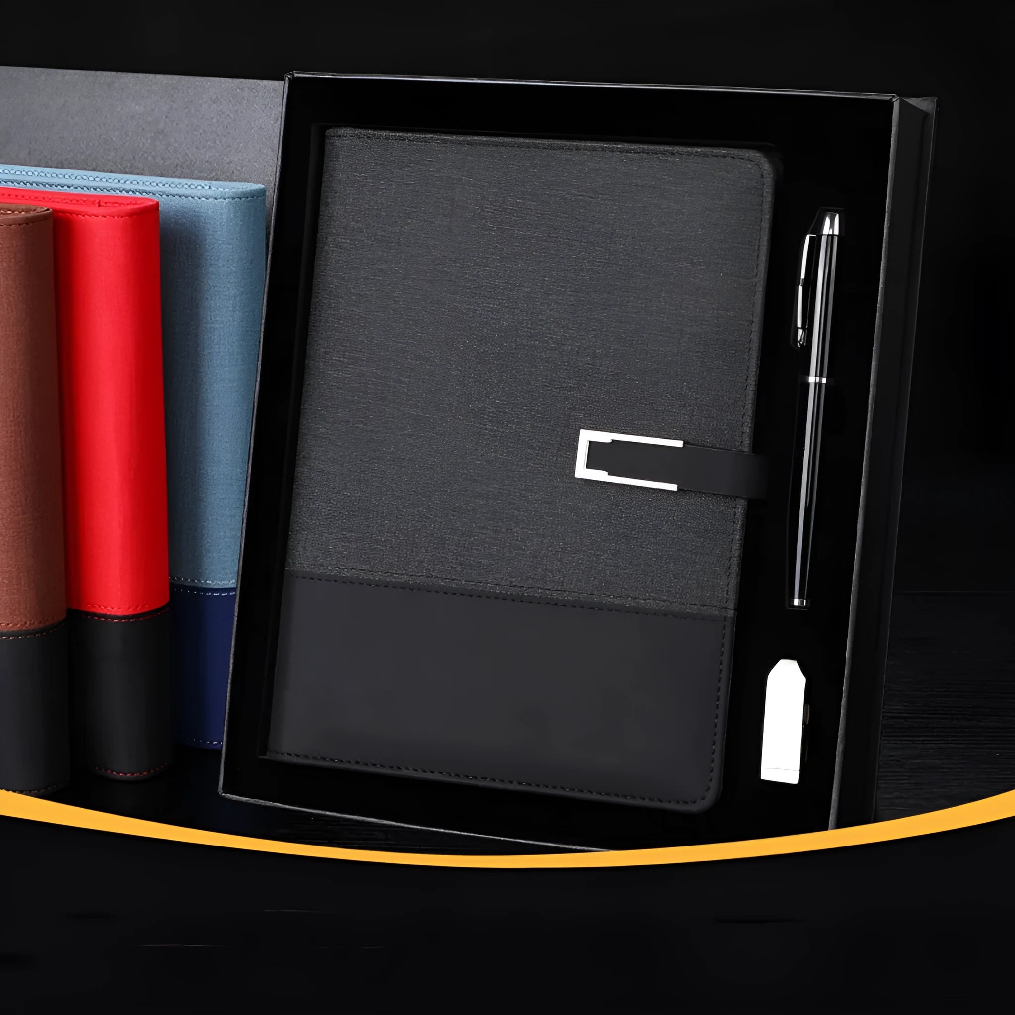 A5 soft leather business notebook in brown, black, green, blue, and red colour options.