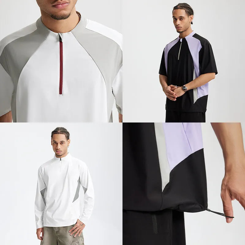 Men's lightweight polyester casual top in black and beige colours showing long sleeve and short sleeve options