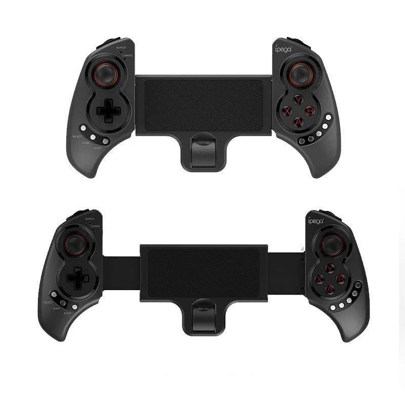 Wireless telescopic mobile game controller extended with phone inserted, showing buttons and adjustable grip