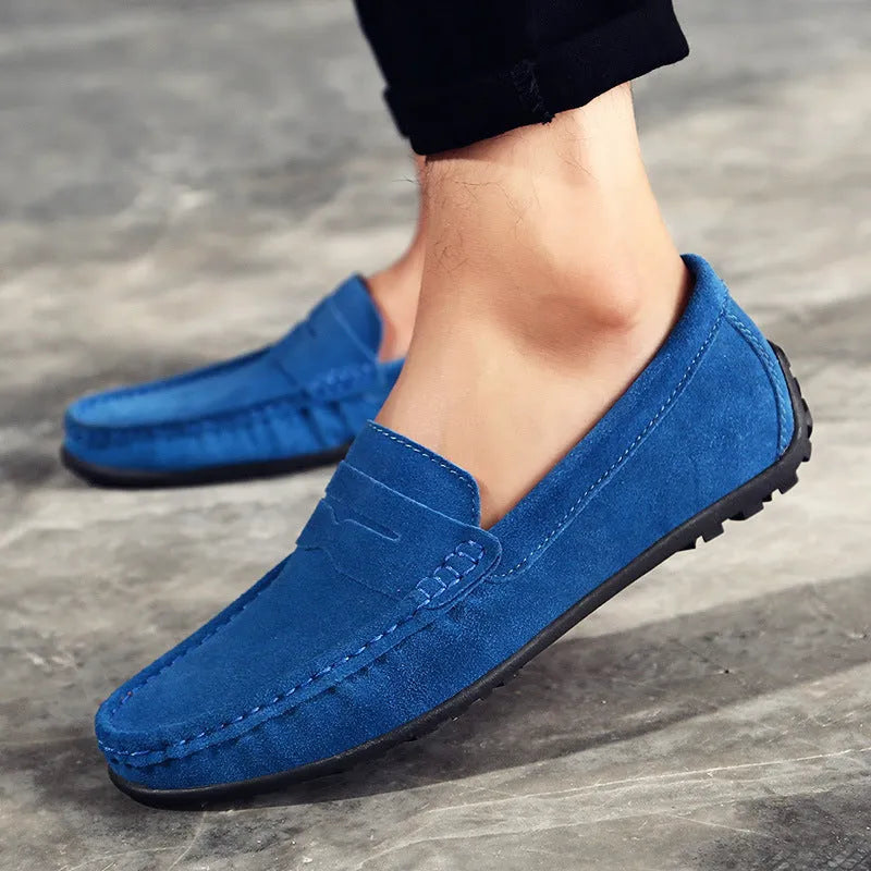 Men's suede leather casual loafers in brown colour with flat rubber sole and decorative stitching
