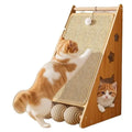 Vertical wall-mounted cat scratching board with sisal surface, hemp rope elements, and attached teasing ball