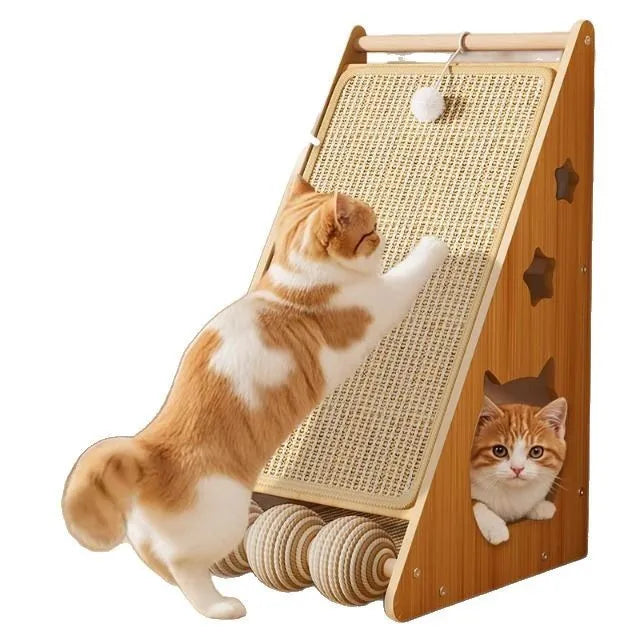 Vertical wall-mounted cat scratching board with sisal surface, hemp rope elements, and attached teasing ball