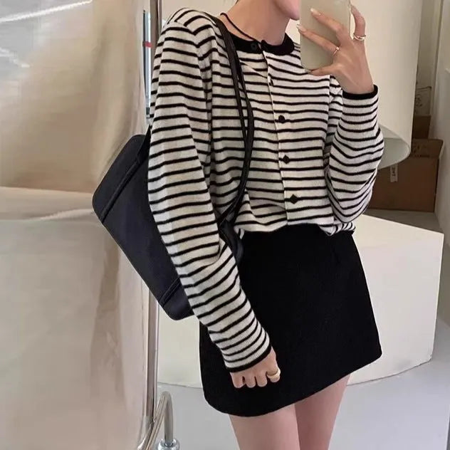 French style striped cardigan for women in dark grey with white stripes, slim fit with 40cm length