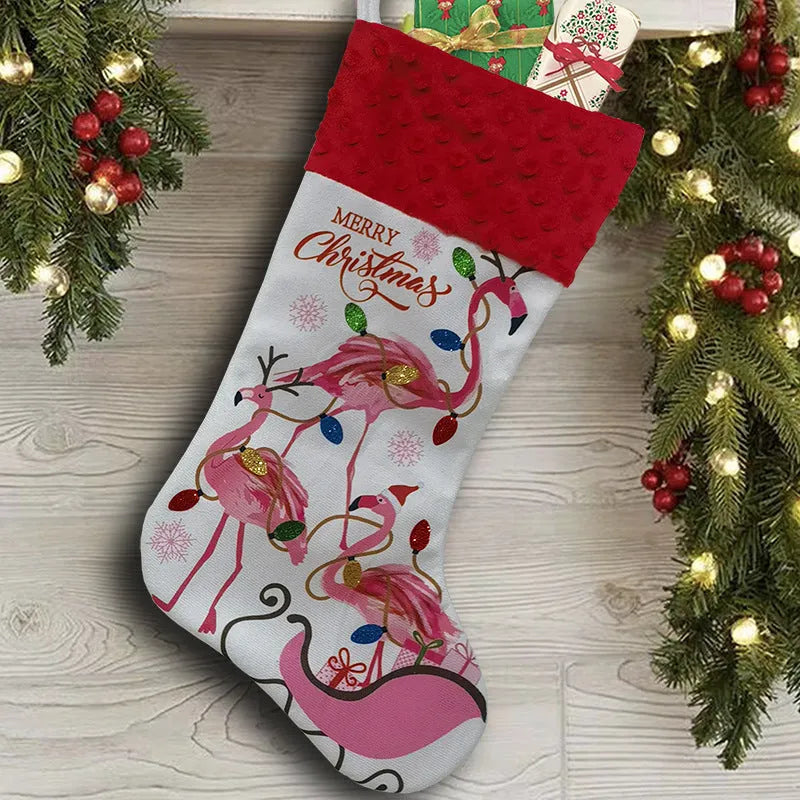 Flamingo Christmas stocking ornament in cloth fabric measuring 46cm by 28cm