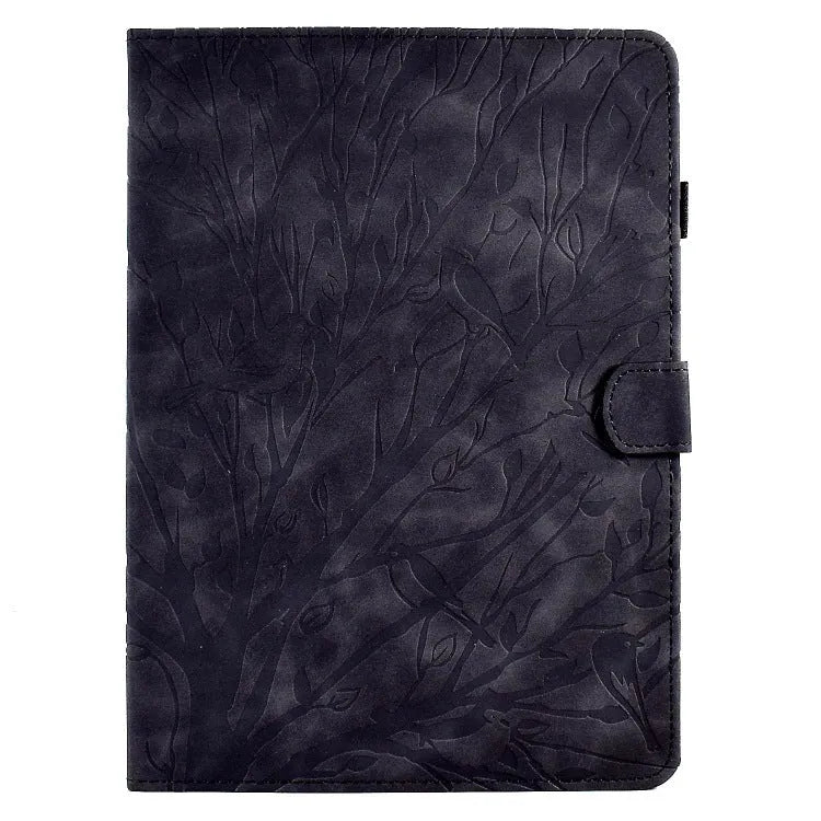 Leather-look tablet protective case with integrated stand in black, shown propping up a tablet.