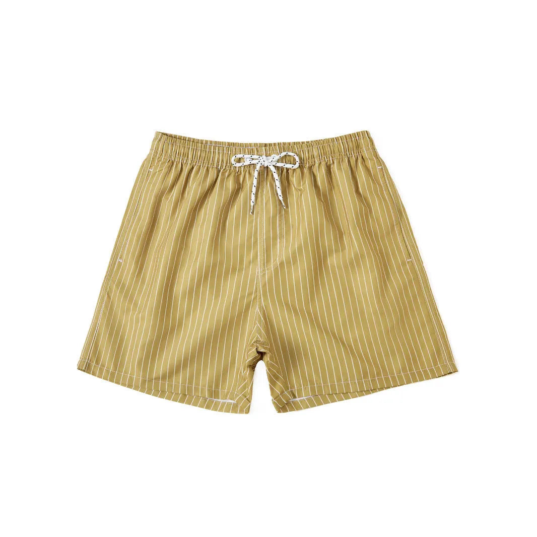 Men's navy blue striped beach shorts with straight leg opening and triangle lining