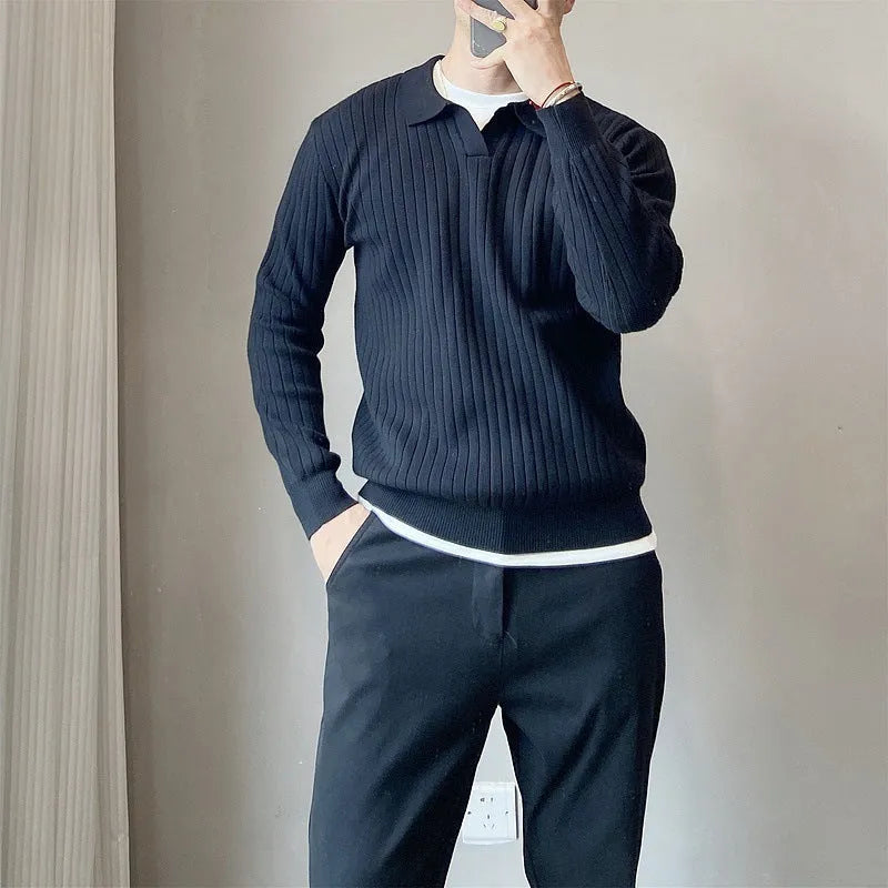 Male model wearing loose fit striped elastic knit sweater in modal and rabbit fur blend fabric