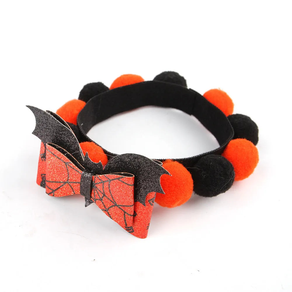 Halloween pet collar with decorative fur ball in pumpkin, skull, or witch style